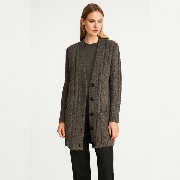 VINCE Muted Brown Long Ribbed Alpaca Wool Blend Cardigan Sweater Size XS - Picture 1 of 12